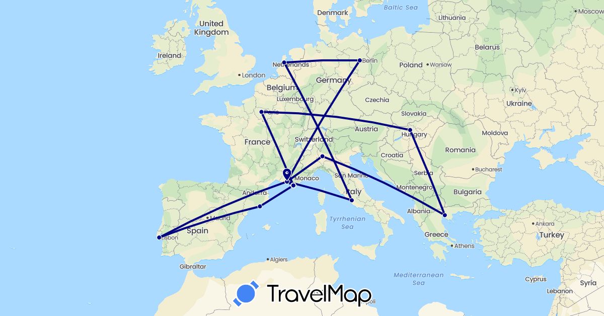 TravelMap itinerary: driving in Germany, Spain, France, Greece, Hungary, Italy, Netherlands, Portugal (Europe)